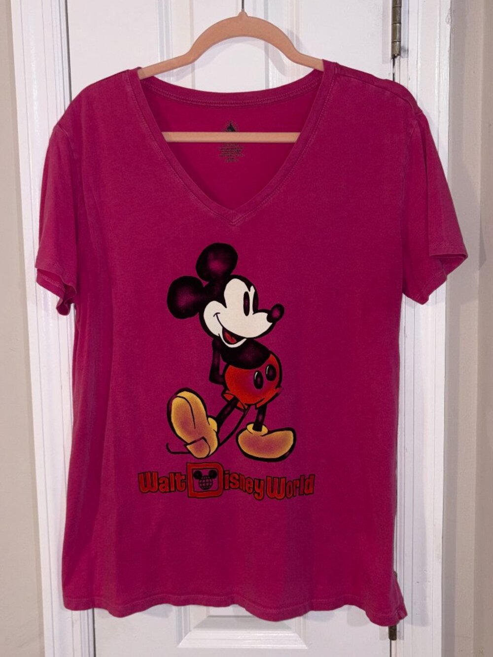 Disney Parks Walt Disney World Mickey Mouse Pink V-Neck Tee Shirt Adult XL